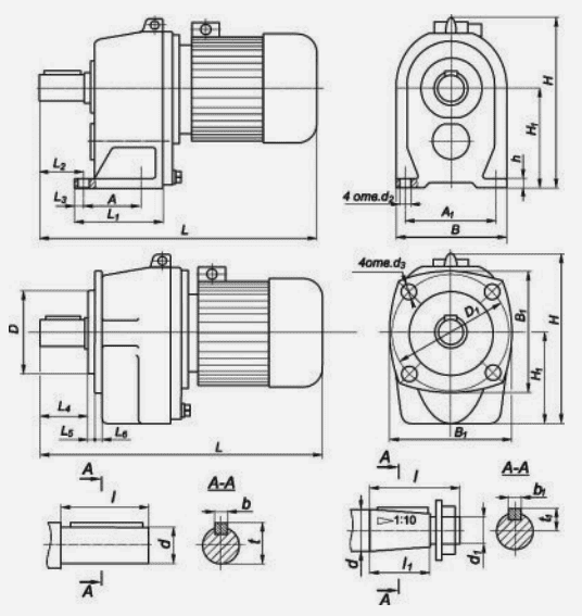 Габаритные установочные размеры мотор-редукторов 4МЦ2С-63, 4МЦ2С-80, 4МЦ2С-100, 4МЦ2С-125